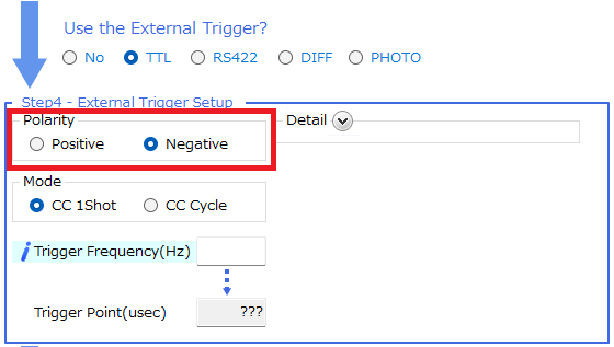 外部トリガ論理設定